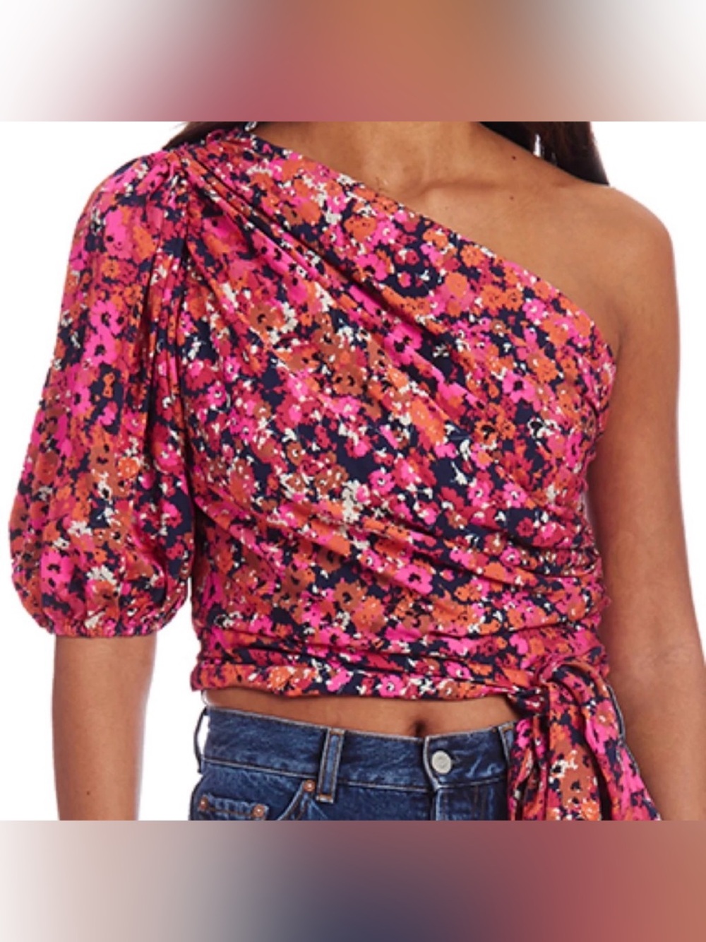 AMANDA UPRICHARD Bexley Top Bloomessence One Shoulder Puff Floral Wrap Top S